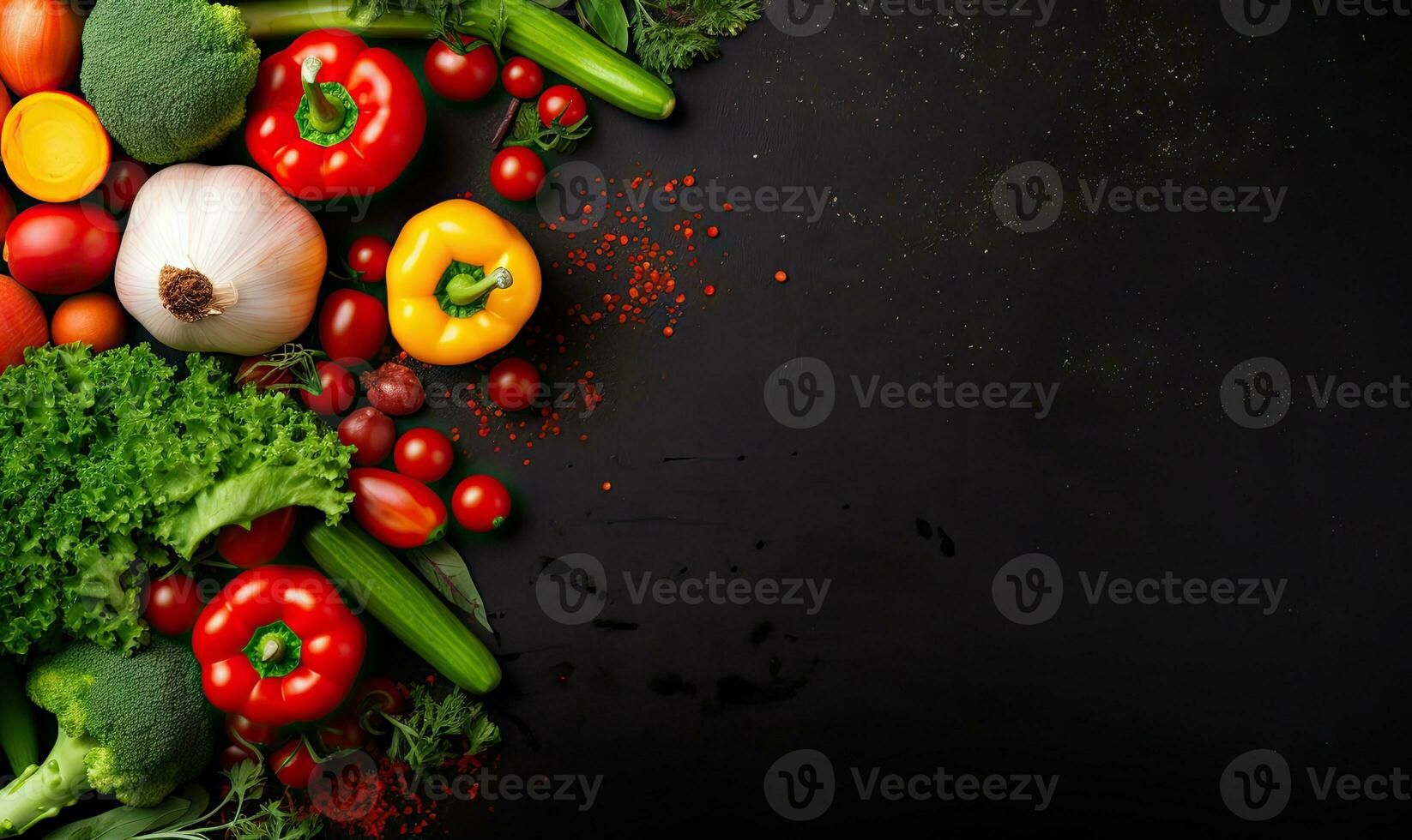 Top view vegetables on black background. Vegetarian organic food banner. Created by AI tools photo