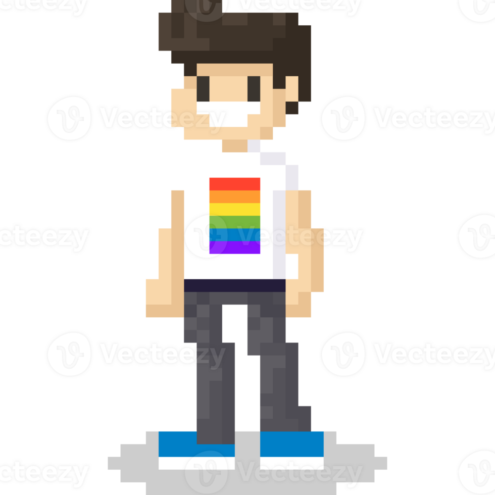 Pixel art cartoon man wearing rainbow T shirt png