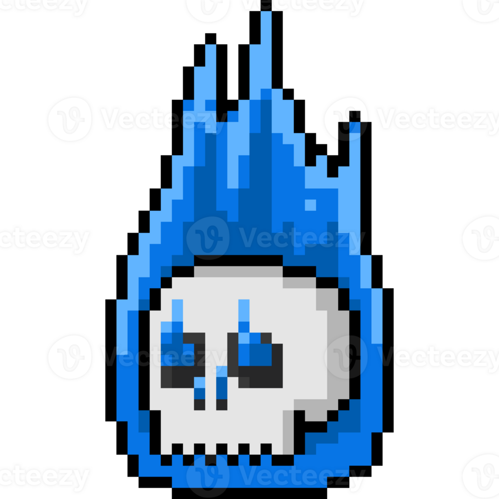Pixel art cartoon blue fire skull head png