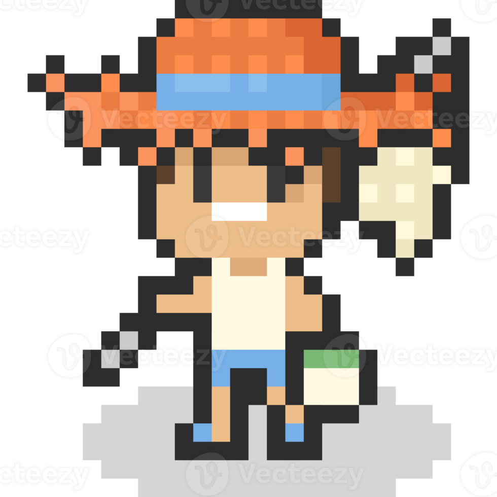 Pixel art cartoon kid bug hunter character png