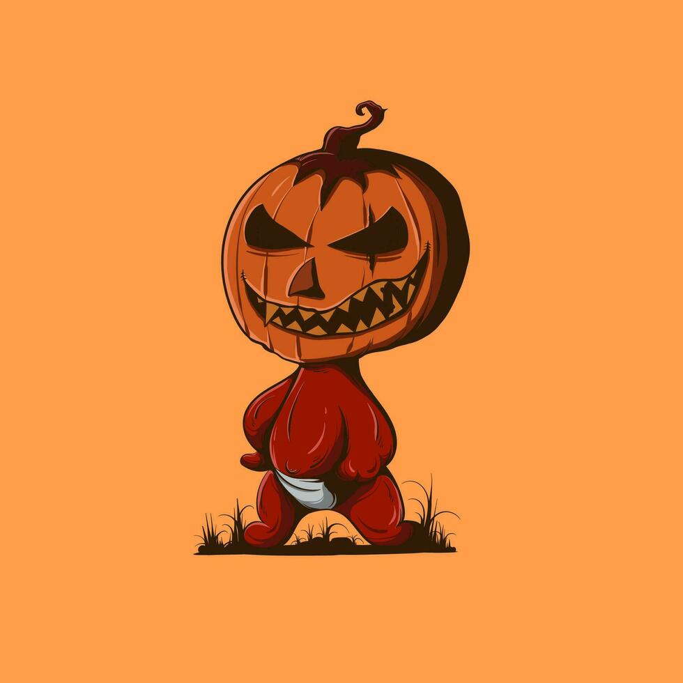 Vector illustration of Halloween cartoon red child with pumpkin head