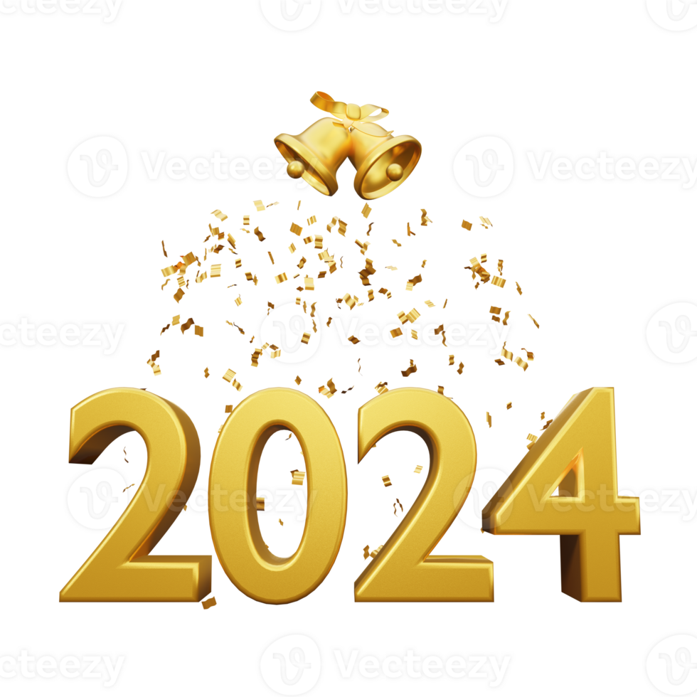 Happy new year 2024 gold number with bell and confetti png