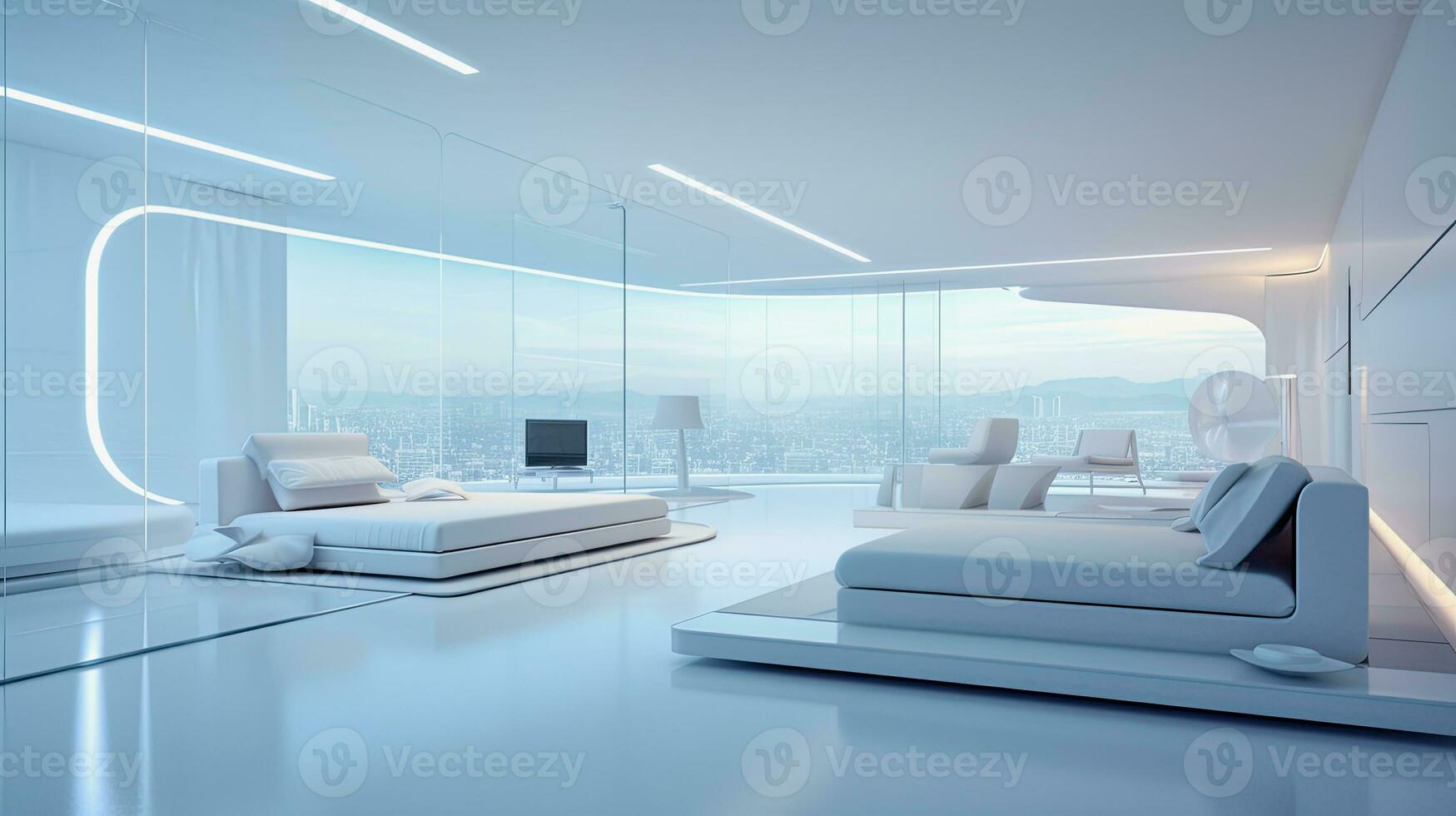 ai generative, futuristic minimalistic living room interior photo