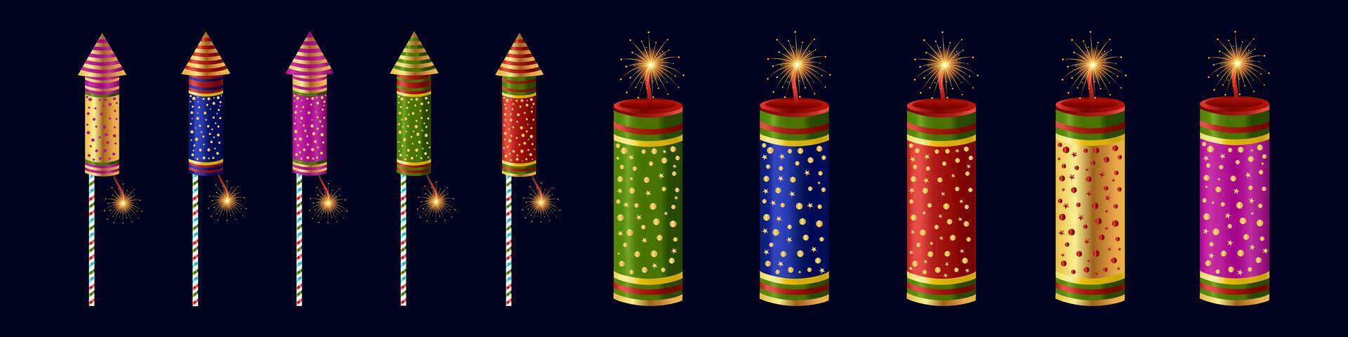 Happy Diwali Festival Element Diya lamp Crackers Sky Lantern Fanus Fireworks Bhia Dooj vector