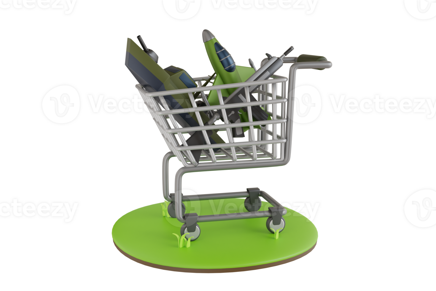 purchase a range of military gear for battle. shopping trolley contains fighter plane, battle tank and submachine gun. 3d illustration png