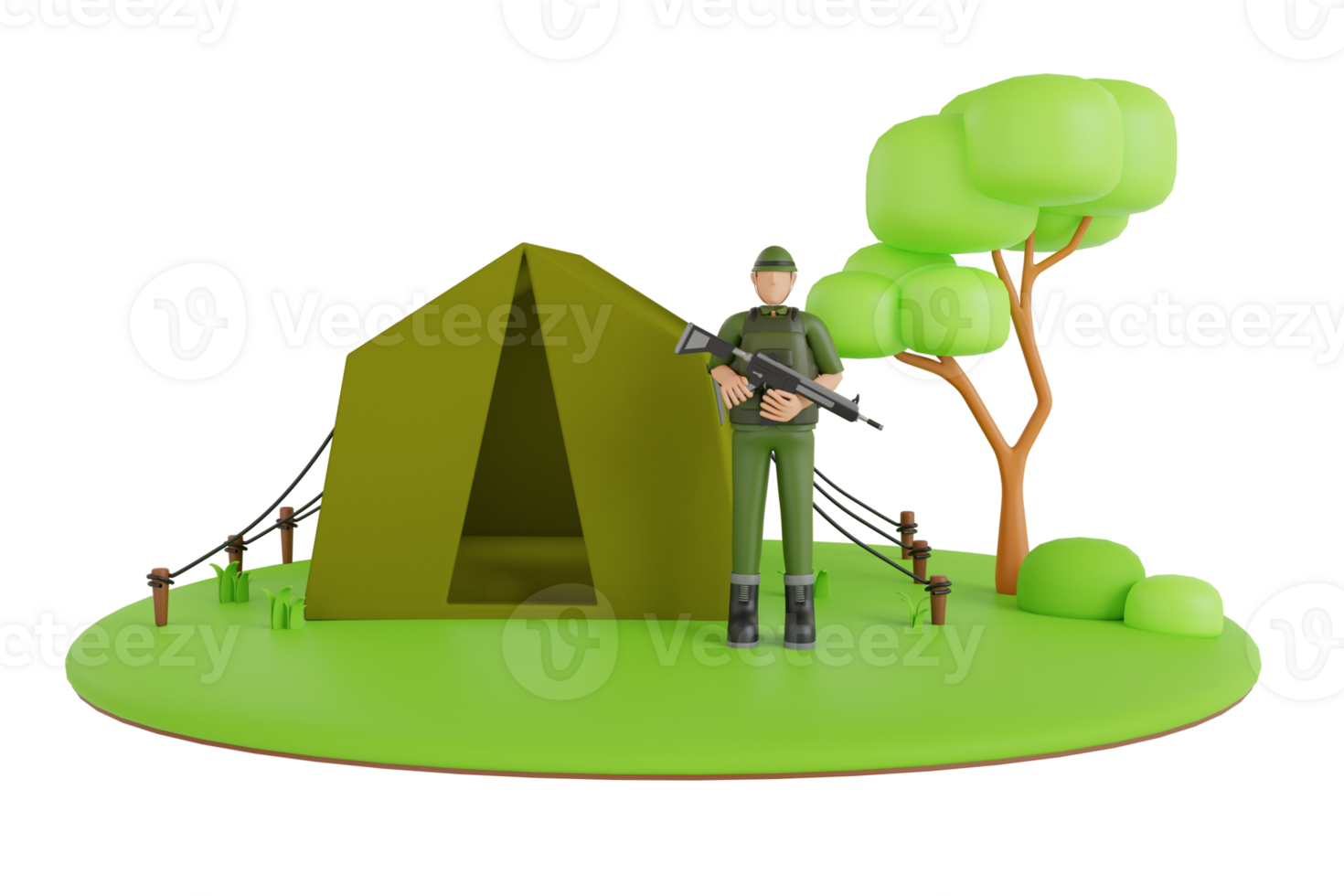 3d illustrazione di soldato con un' pistola è proteggere militare base. soldato nel uniforme, esercito campo, militare tenda png