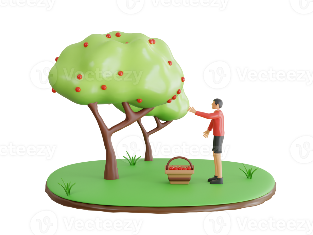 skörd äpple frukt 3d illustration. människor plockning äpplen i trädgård. plockning äpplen från träd till korg. 3d illustration png