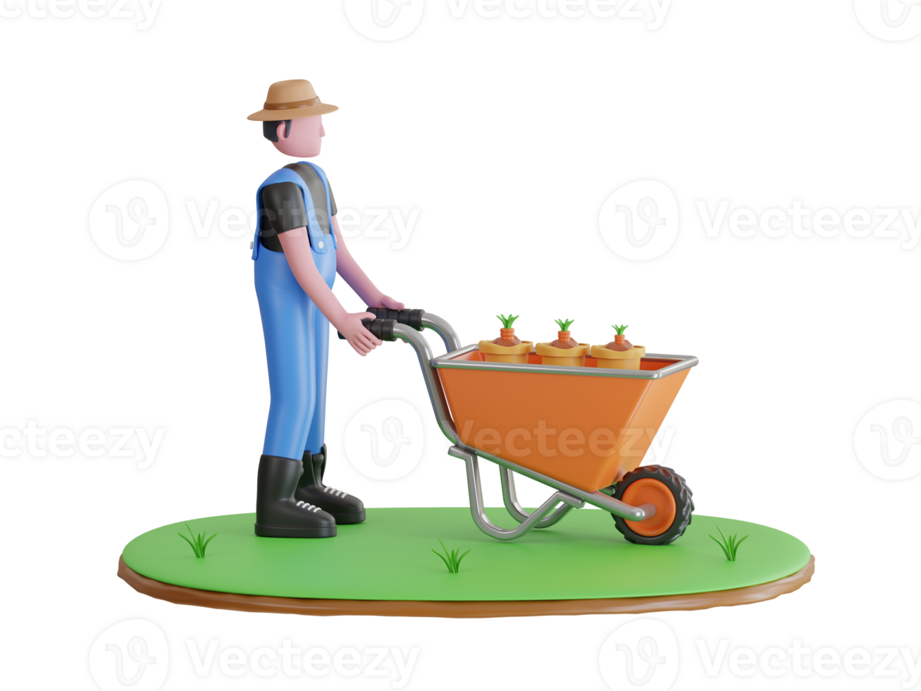 3d illustration of gardener pushing wheelbarrow with plant seedlings. Man with wheelbarrow 3d illustration. png