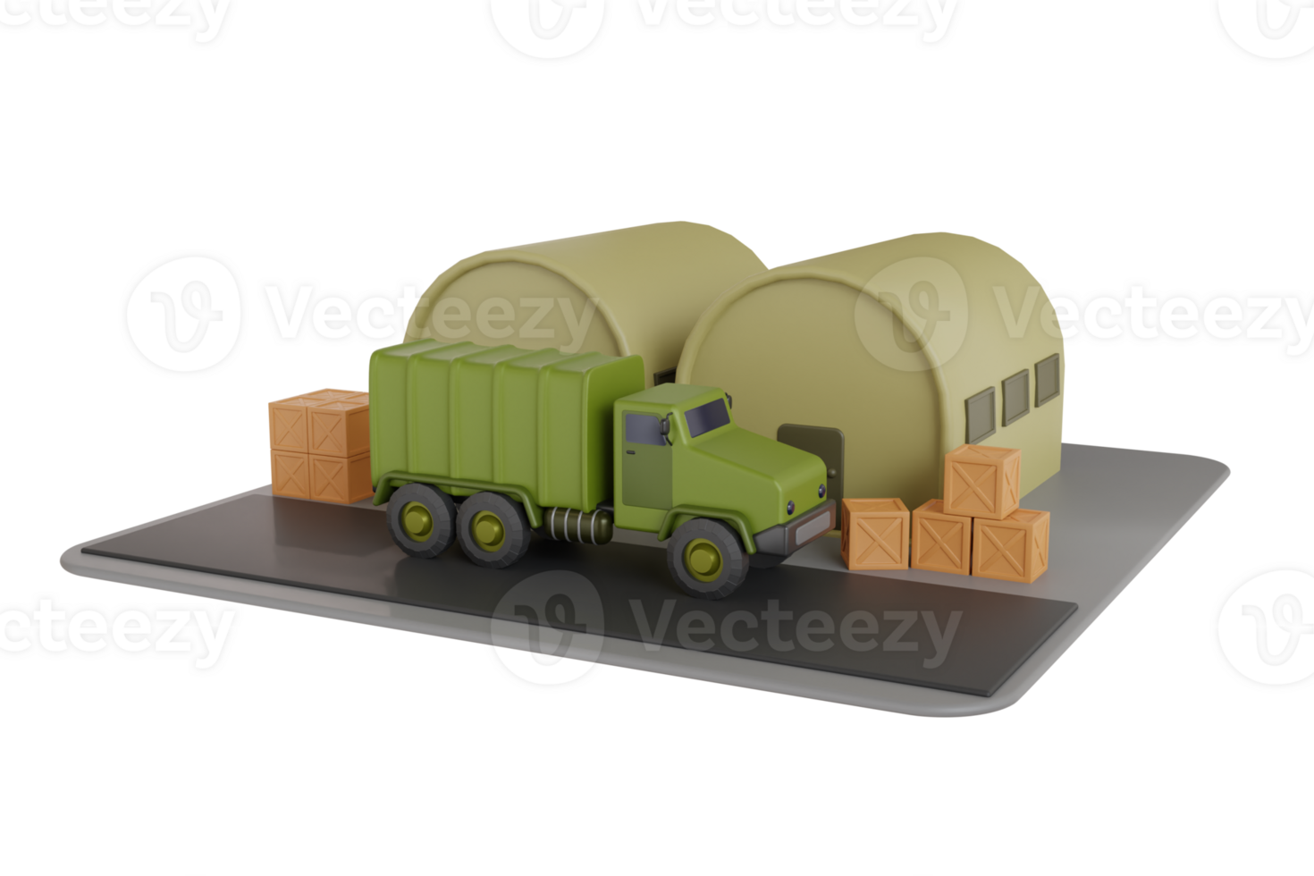 3D Illustration of Military base with war transportation. Military camp 3d illustration png