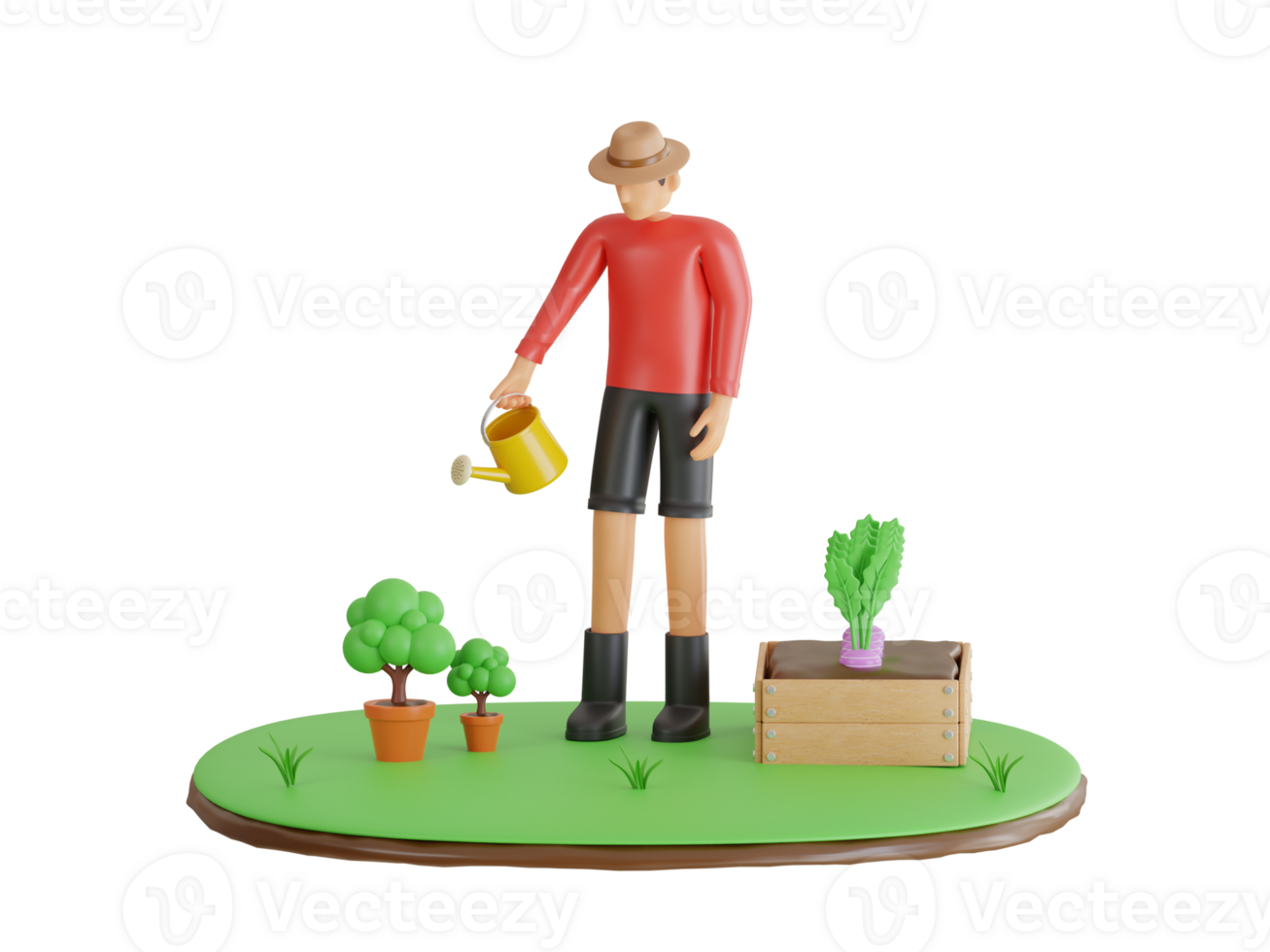 3d illustration of man watering plants. Gardening or horticulture concept. Guy with watering