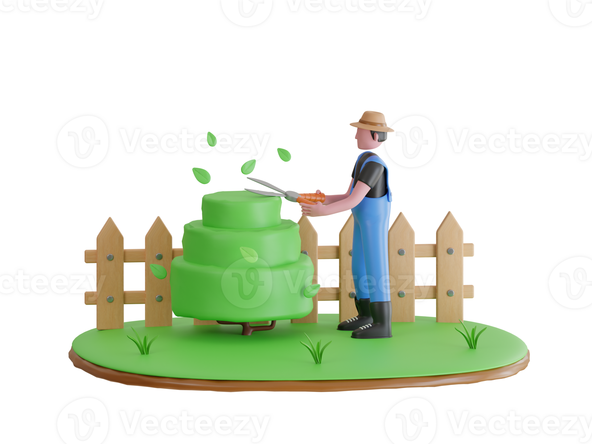 3d illustration of gardener trim trees in garden. gardener trimming