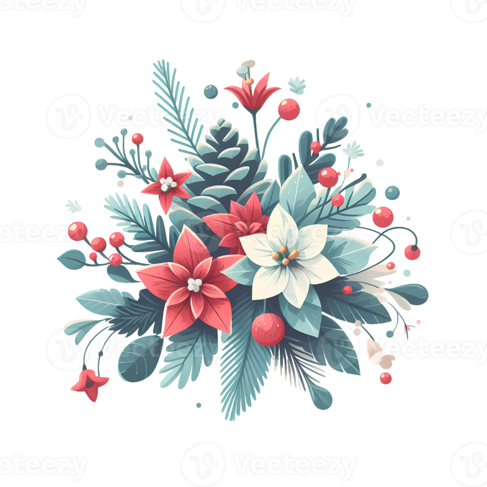Generated ai, Christmas floral bouquet with poinsettia, holly berry, eucalyptus, fir branches, red berries. png