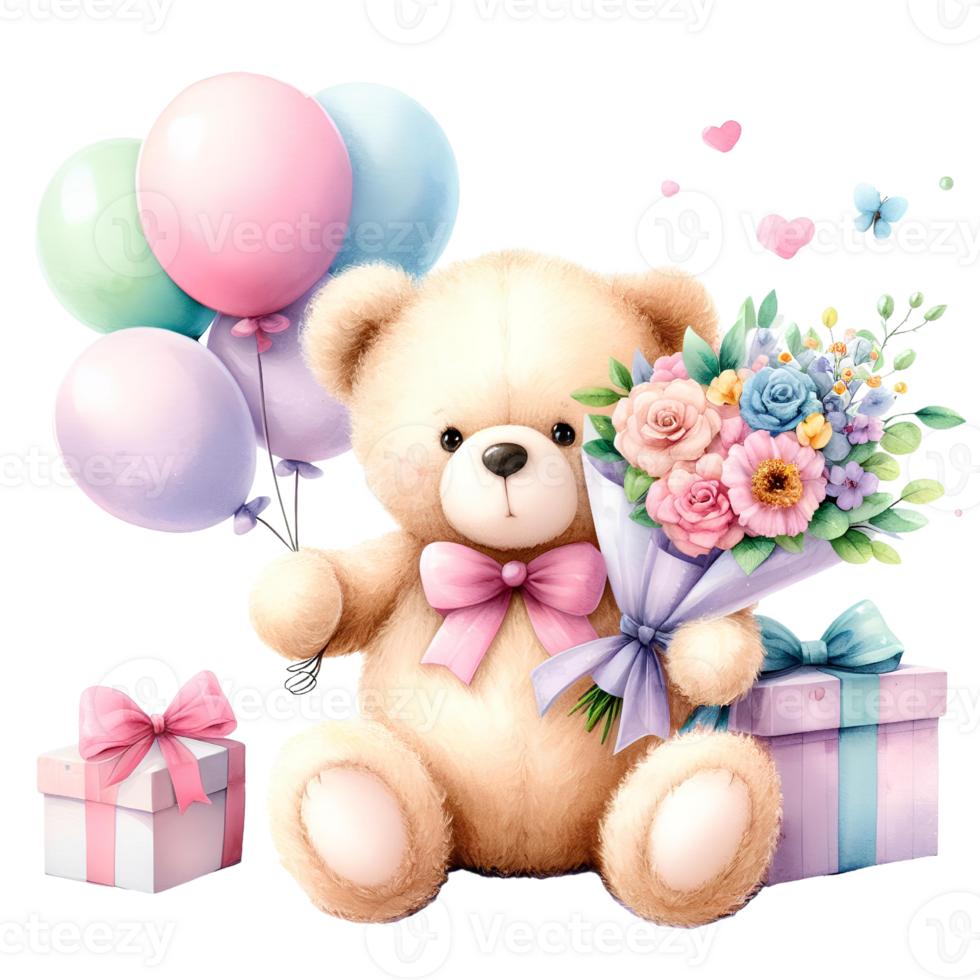 Generated-ai, Cute teddy bear with gift box and balloons png