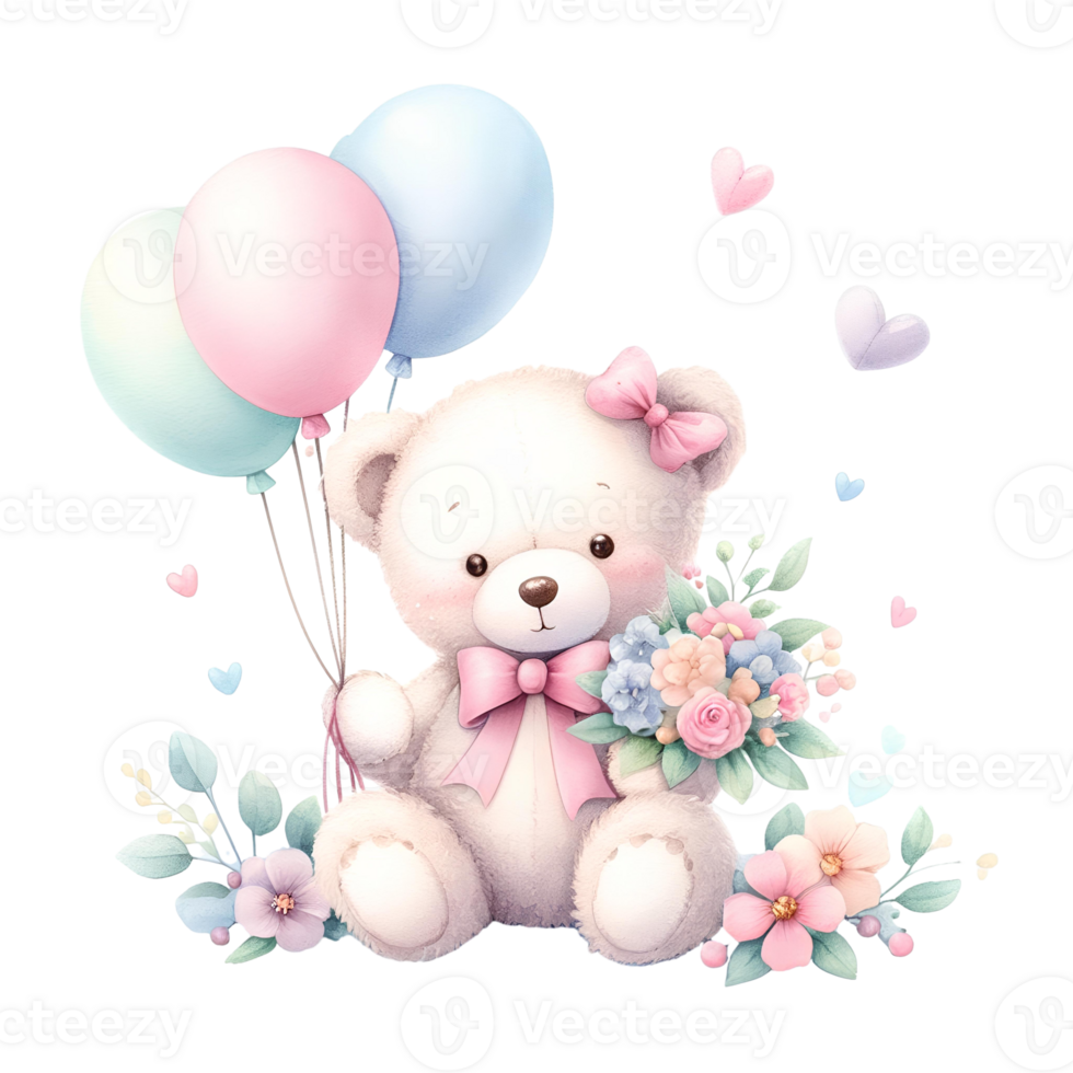 AI-Generated, Cute teddy bear with flowers and balloons. png