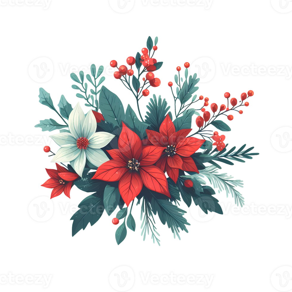 Generated ai, Christmas floral bouquet with poinsettia, holly berry, eucalyptus, fir branches, red berries. png