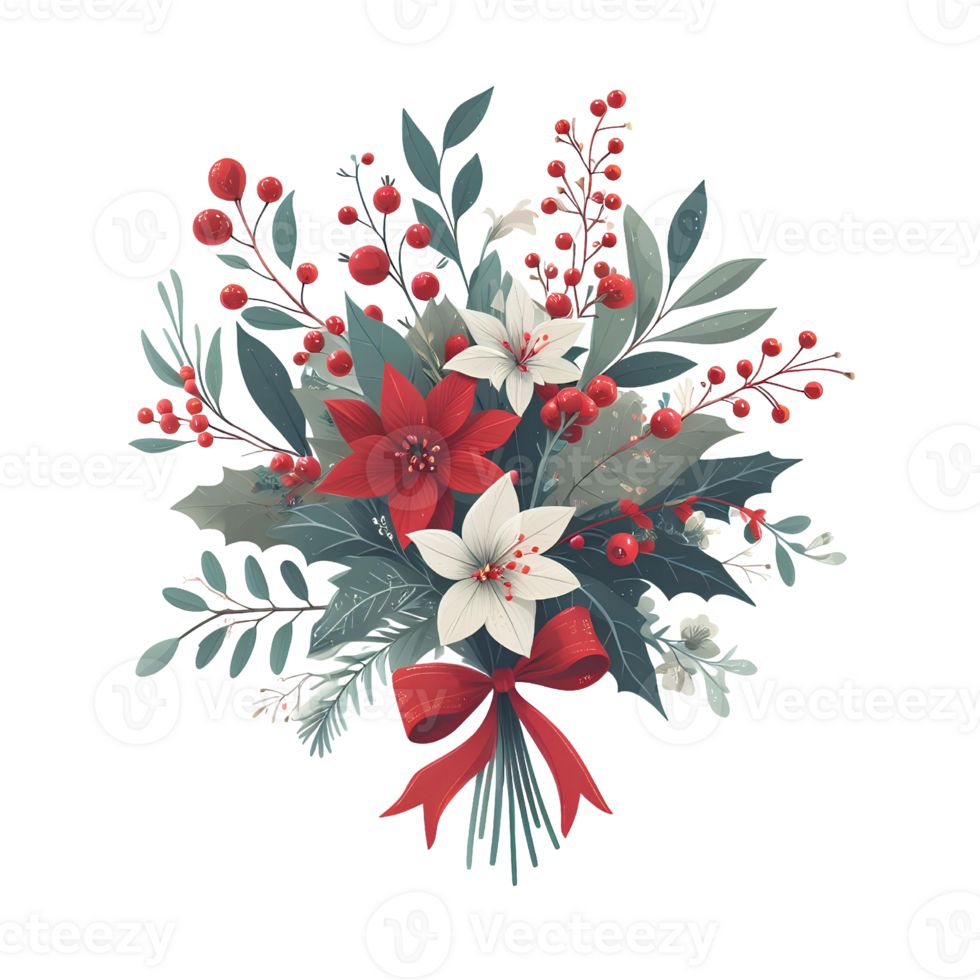 Generated ai, Christmas floral bouquet with poinsettia, holly berry, eucalyptus, fir branches, red berries. png