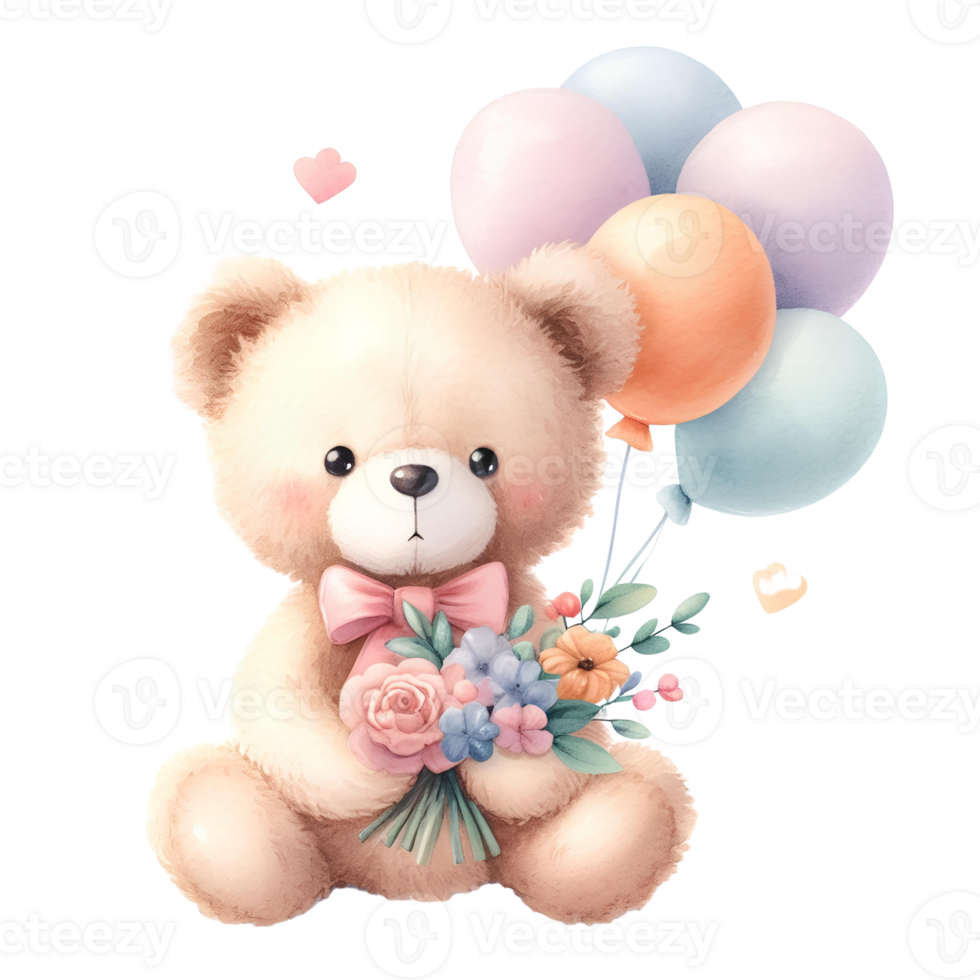 AI-Generated, Cute teddy bear with flowers and balloons. png
