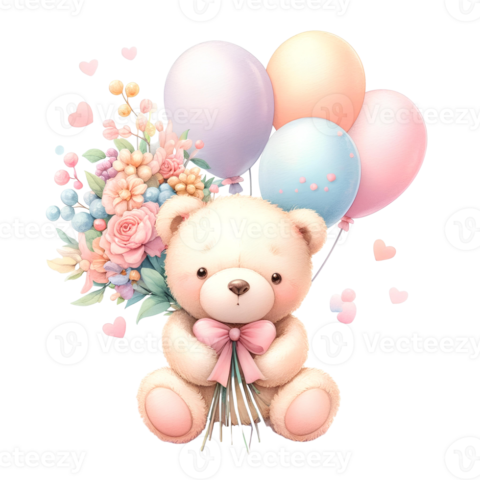 AI-Generated, Cute teddy bear with flowers and balloons. png