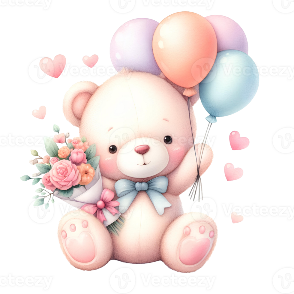 Generated-ai, Cute teddy bear with gift box and balloons png