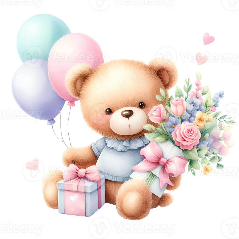 Generated-ai, Cute teddy bear with gift box and balloons png