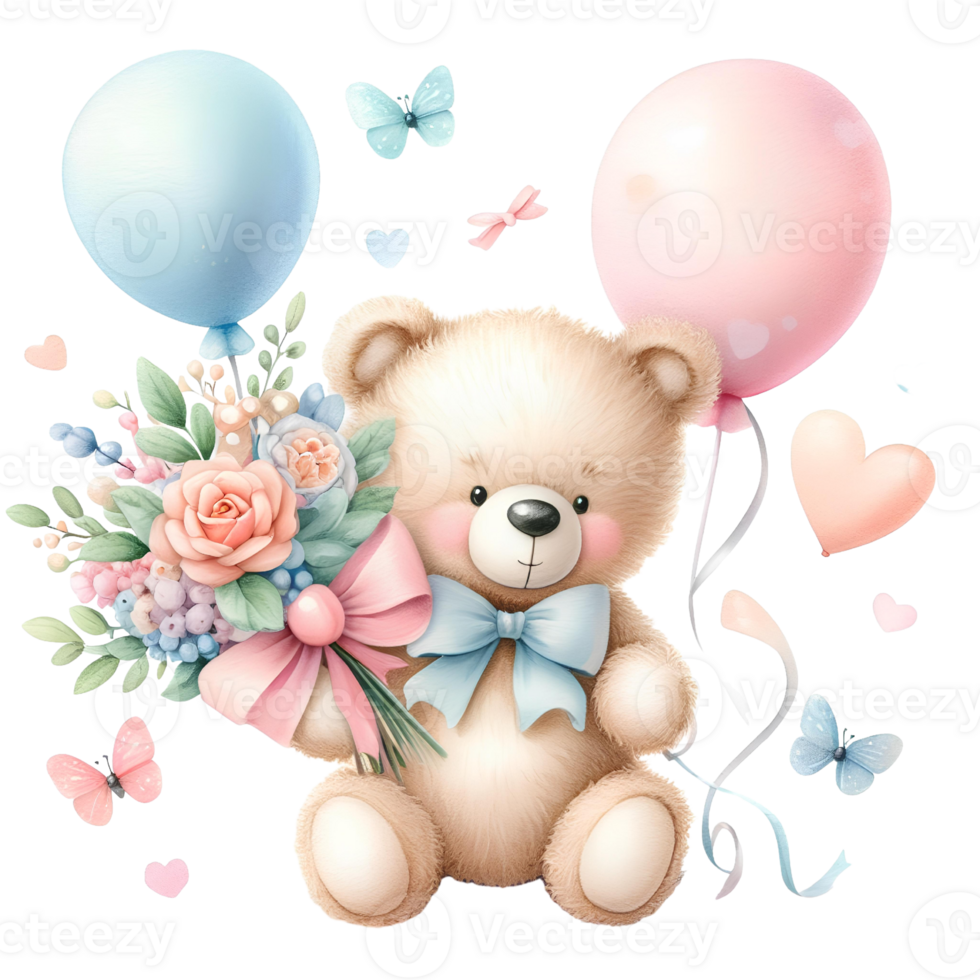 generierte-ai, süß Teddy Bär mit Geschenk Box und Luftballons png