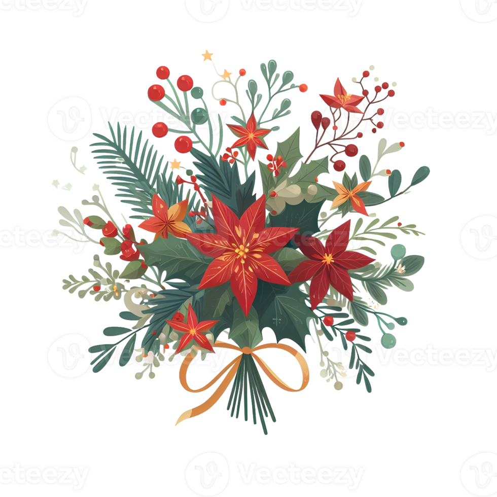 Generated ai, Christmas floral bouquet with poinsettia, holly berry, eucalyptus, fir branches, red berries. png