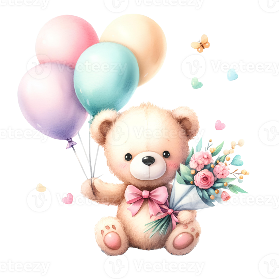 AI-Generated, Cute teddy bear with flowers and balloons. png