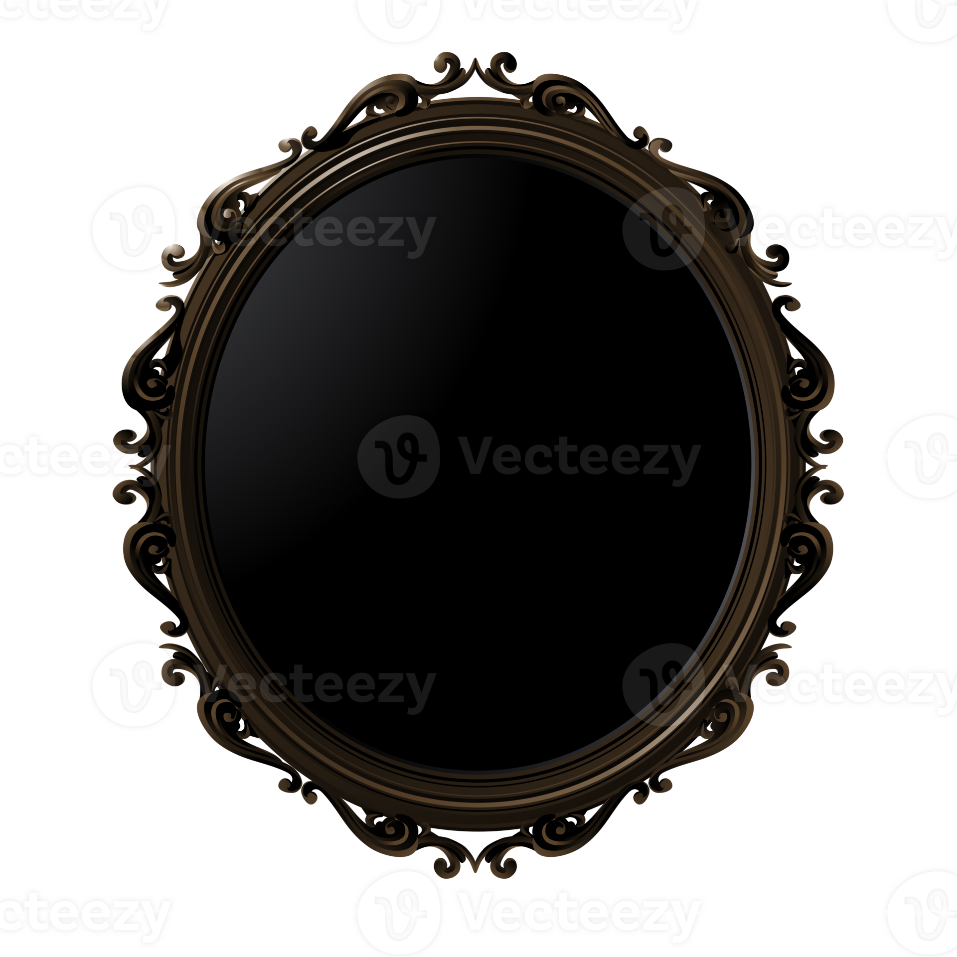 Black mirror. Dark mirror. Illustration of an oval gold frame on a