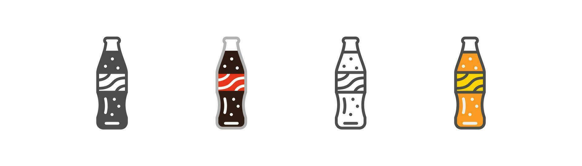 Fizzy soda in glass bottle icon. Sweet cold orange beverage symbol. Carbonated drink with different flavor. Outline, flat and colored style icon for web design. Vector illustration.