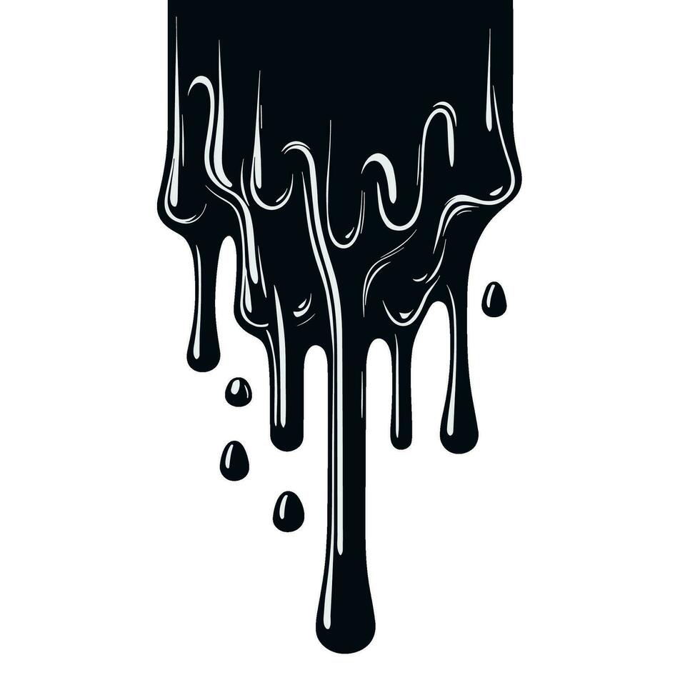 Black paint flowing down on white background. Dripping liquid in sketch style. Paint stains, drops, inks. Flowing liquid oil, chocolate. Flat Vector illustration.