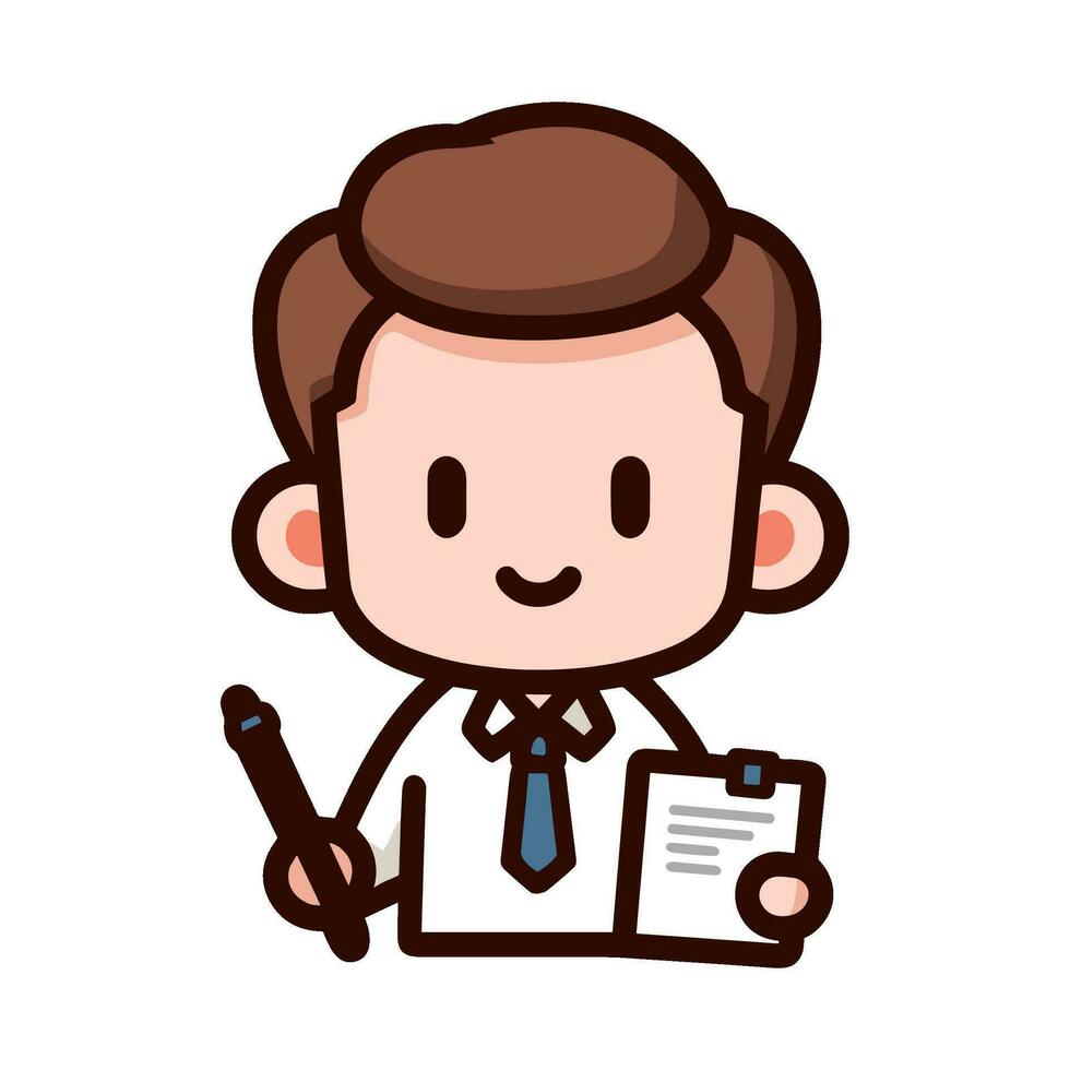 Scientist character in lab holding a tablet and pen line icon. Chemist, science, experiment. Flat vector illustration, EPS 10.