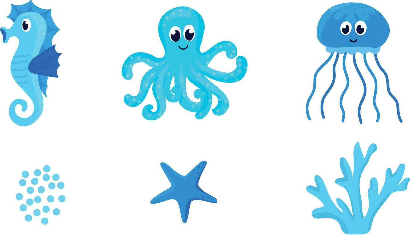 conjunto de Oceano animales conjunto en el dibujos animados estilo. linda Medusa, pulpo y caballo de mar, mar estrella vector