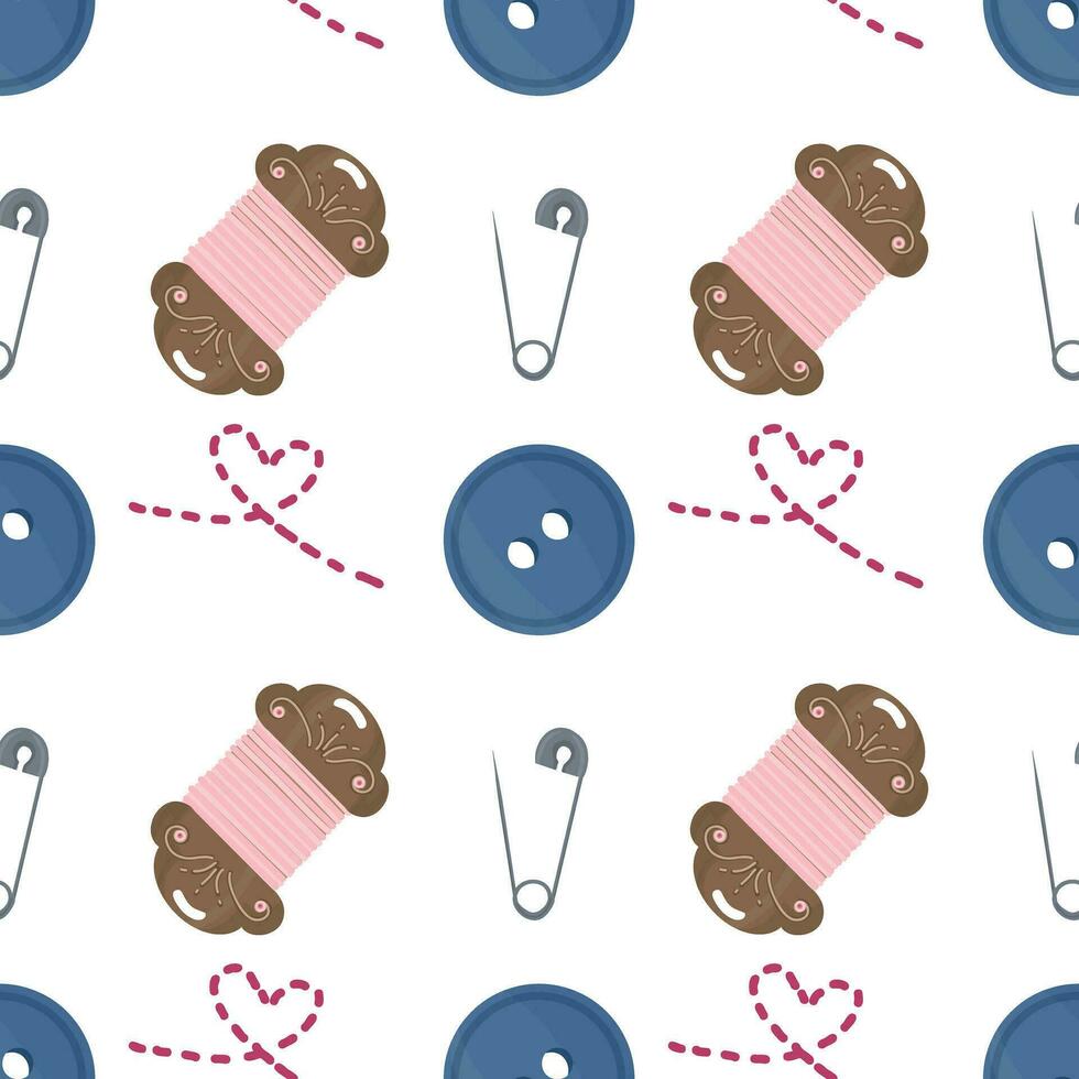 Seamless pattern with sewing tools elements, cartoon style. Wrap, fabric vector
