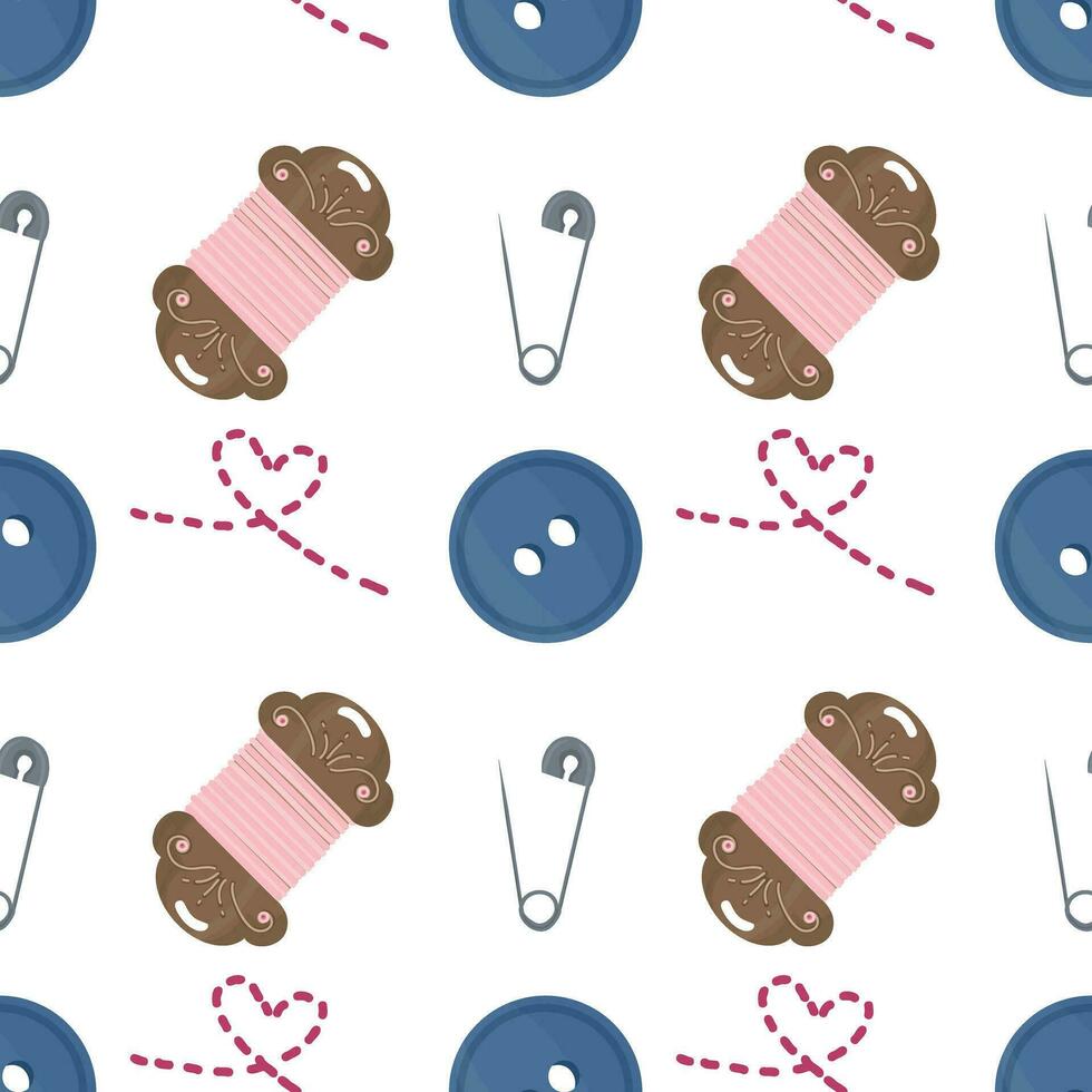 Seamless pattern with sewing tools elements, cartoon style. Wrap, fabric vector