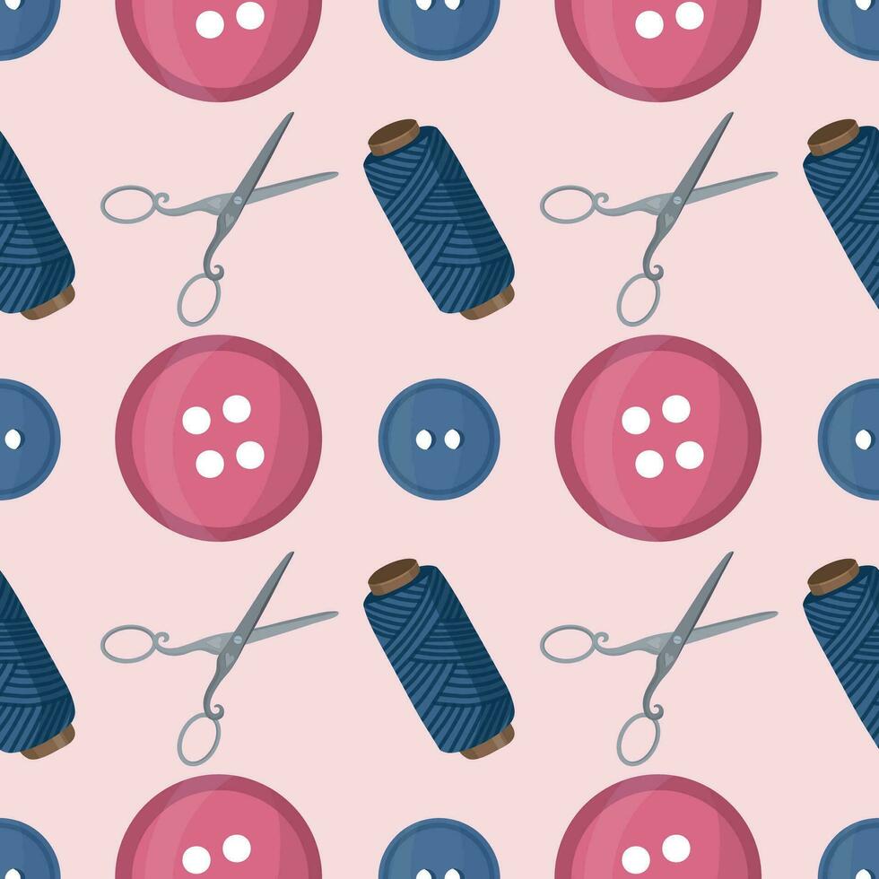 Seamless pattern with sewing tools elements, cartoon style. Wrap, fabric vector