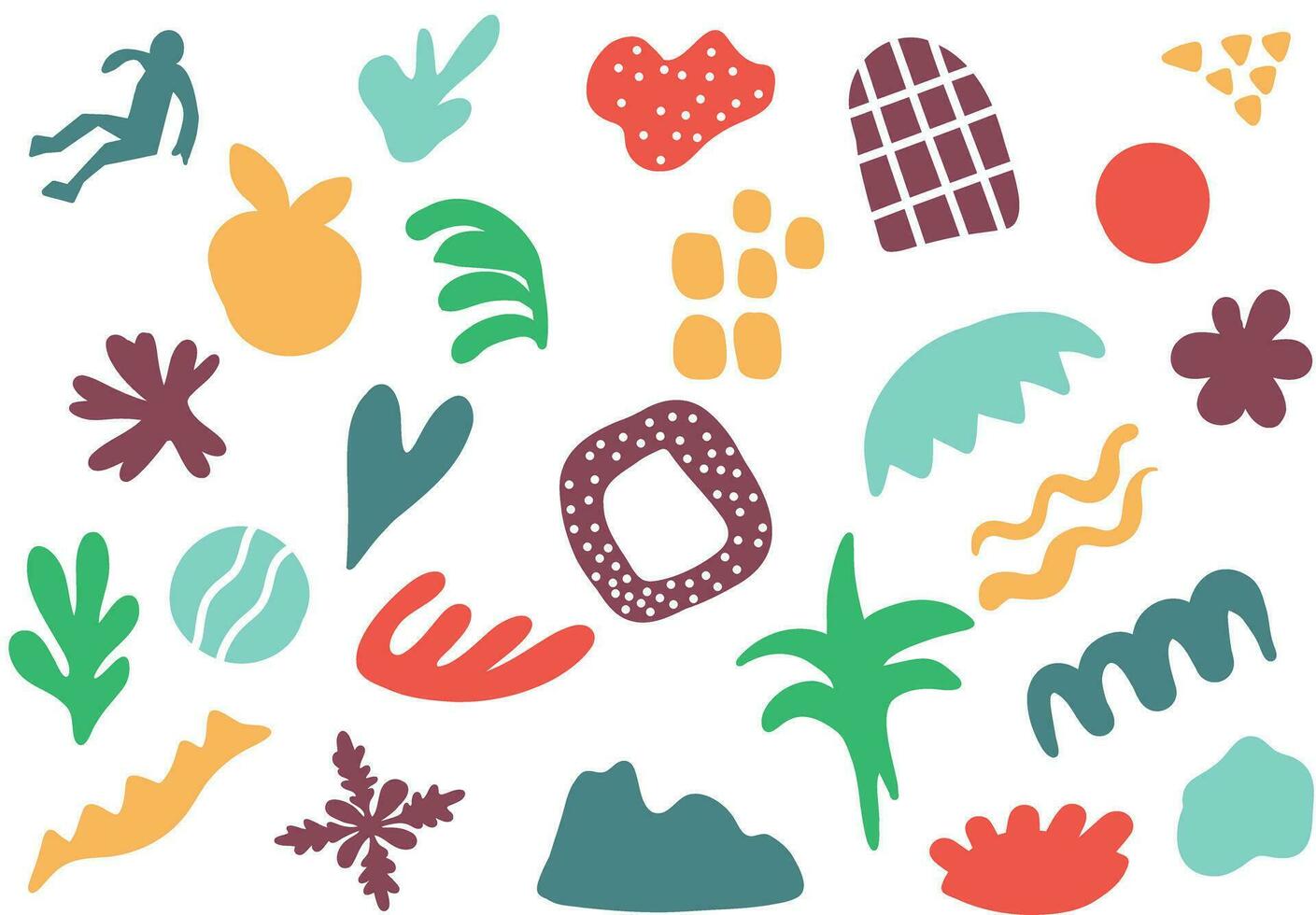 Set of doodles, abstract colorful shapes. trendy fashion background includes modern minimalist art, tropical fruit, and exotic summer doodles. Vector illustration