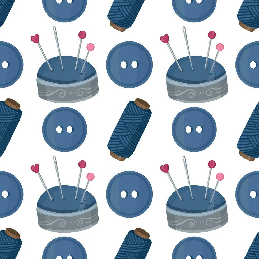 Seamless pattern with sewing tools elements, cartoon style. Wrap, fabric vector