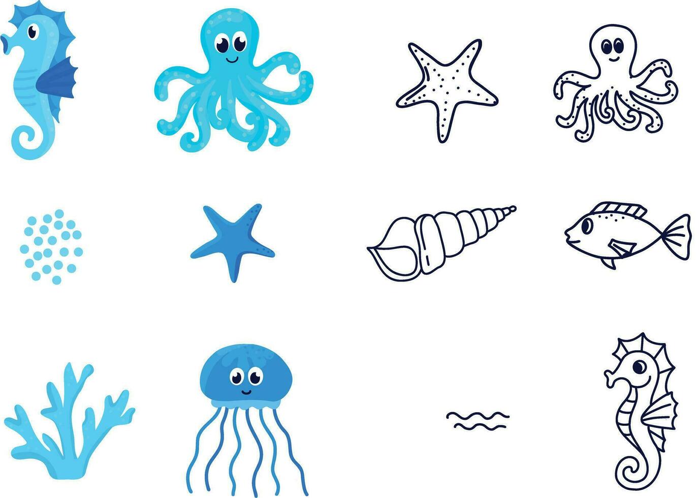 Set of Cartoon and line sea animals. Kids illustration, marine, ocean vector