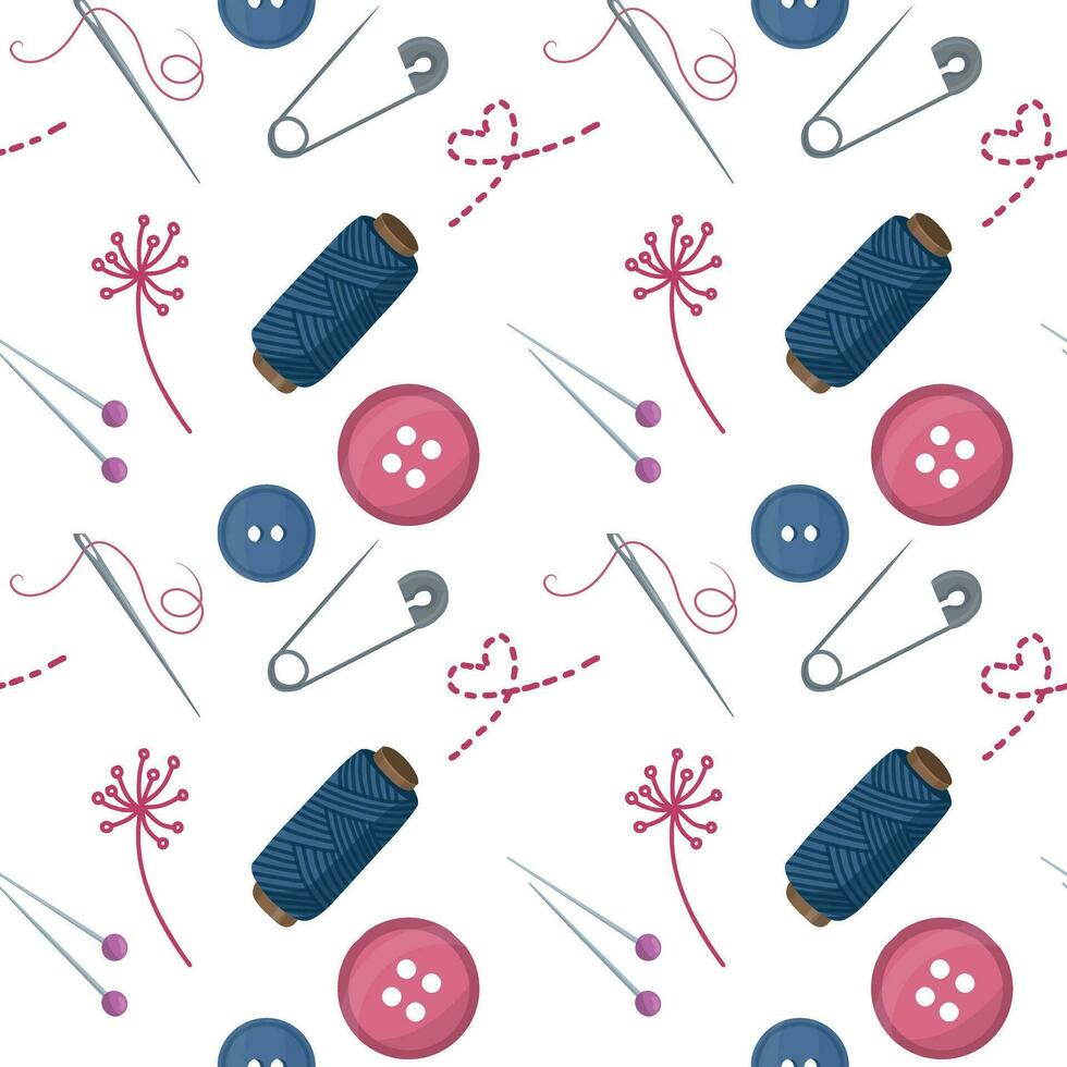 Seamless pattern with sewing tools elements, cartoon style. Wrap, fabric vector