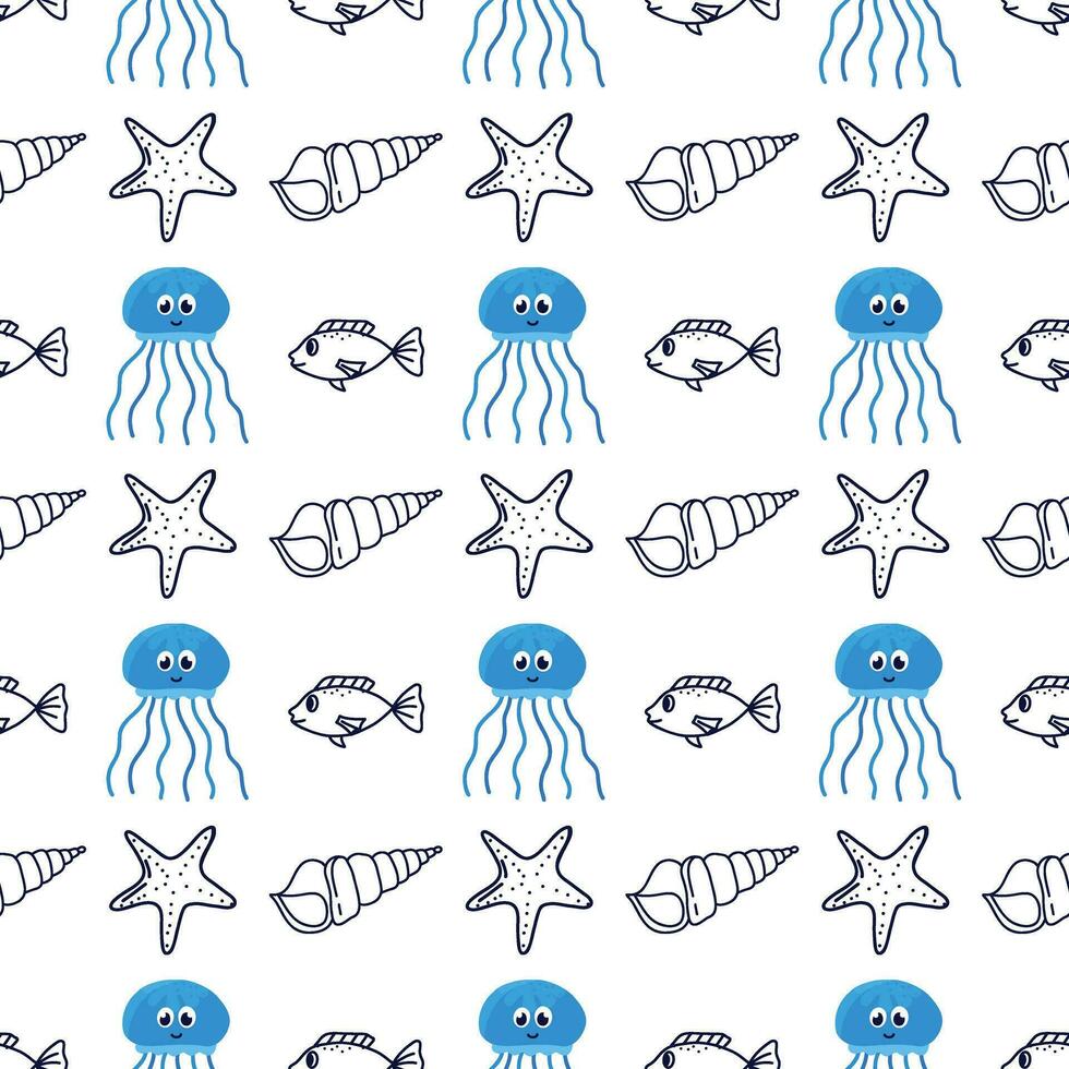 Seamless pattern with fish in the line style. Wrapping paper, textile, texture sea background vector