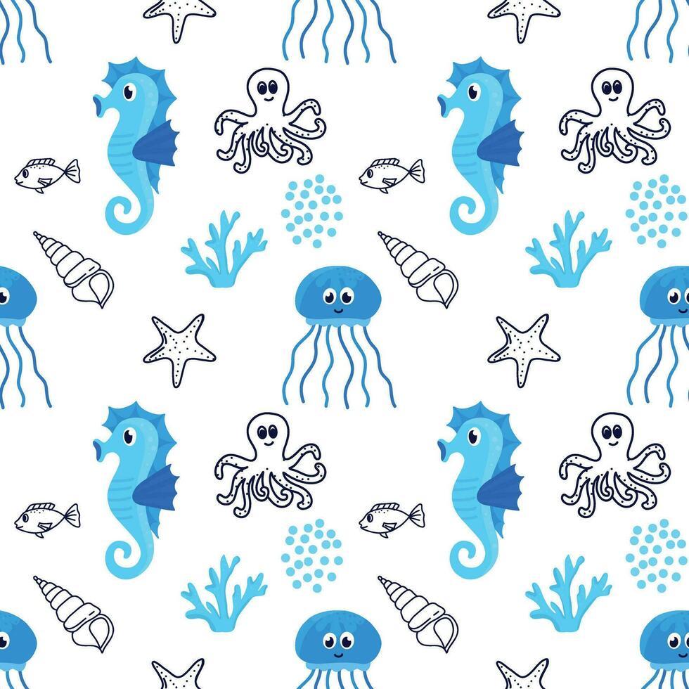 Seamless pattern with fish in the line style. Wrapping paper, textile, texture sea background vector
