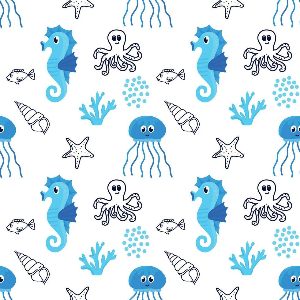 Seamless pattern with fish in the line style. Wrapping paper, textile, texture sea background vector