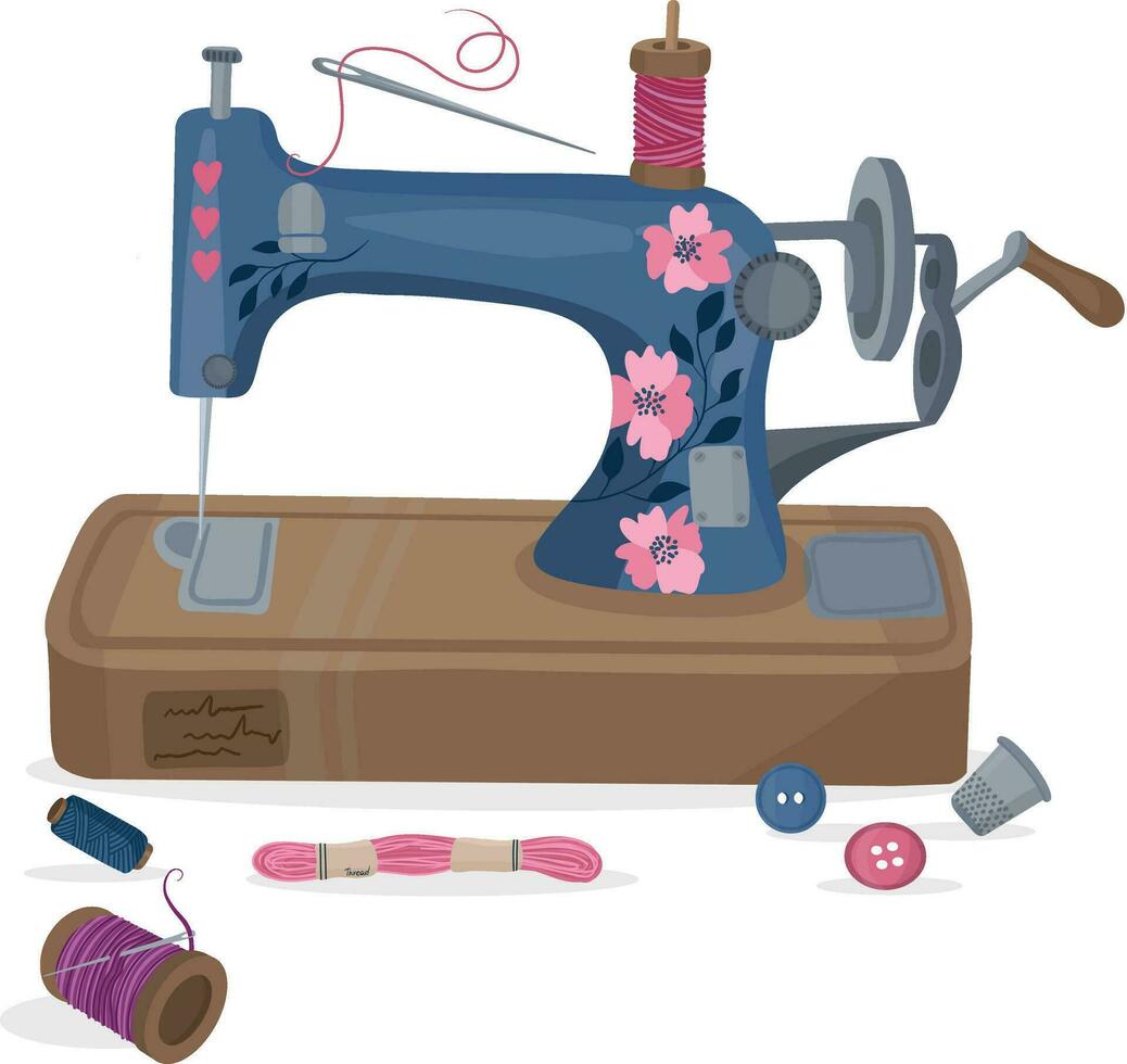 Sewing machine and supplies in cartoon style. Retro sewing vector