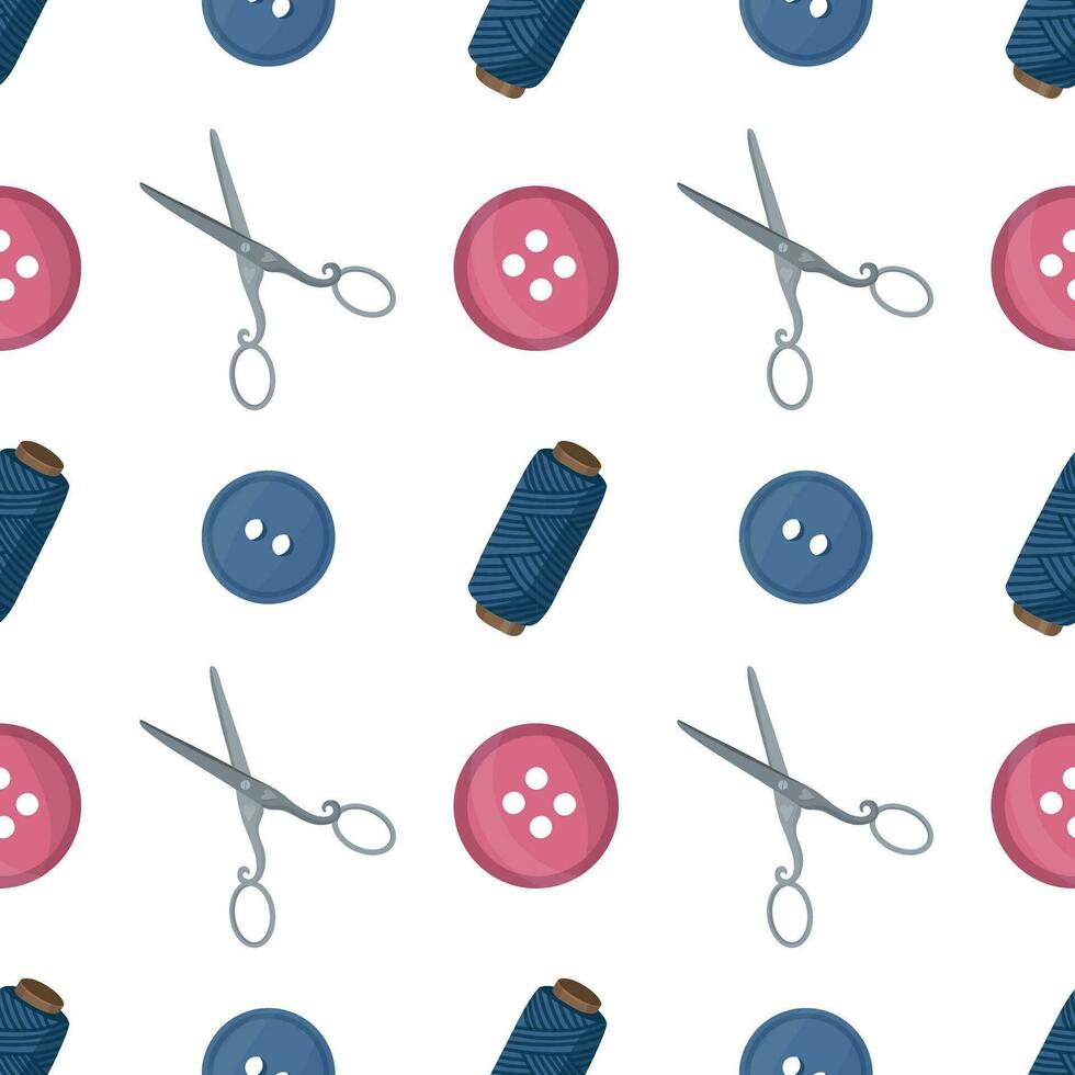 Seamless pattern with sewing tools elements, cartoon style. Wrap, fabric vector