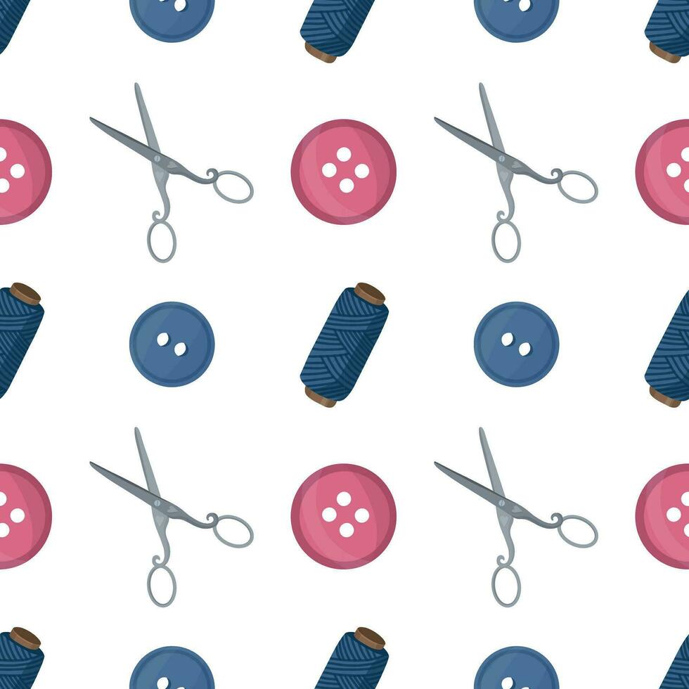 Seamless pattern with sewing tools elements, cartoon style. Wrap, fabric vector