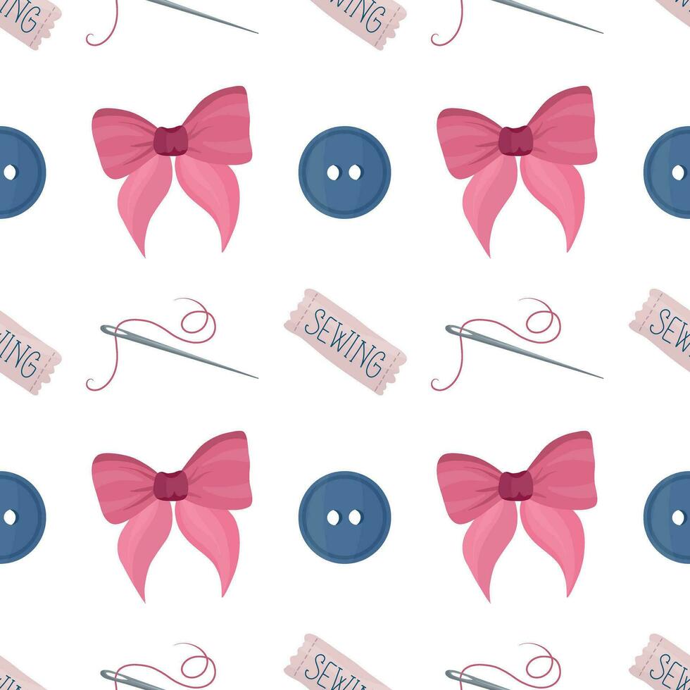 Seamless pattern with sewing tools elements, cartoon style. Wrap, fabric vector