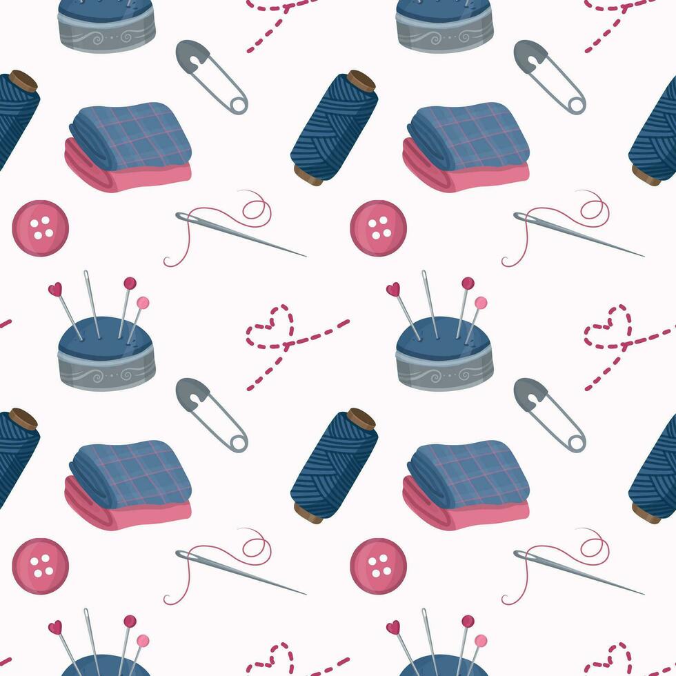 Seamless pattern with sewing tools elements, cartoon style. Wrap, fabric vector