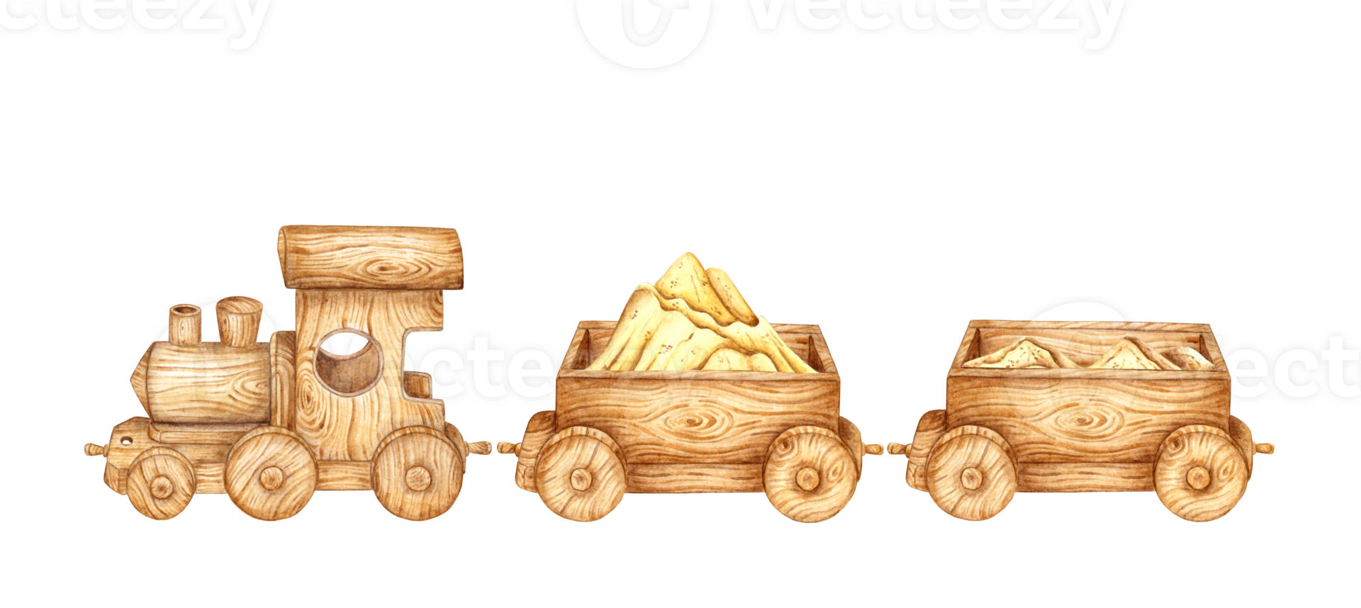 Children's toy wooden train with sand and two wagons. Watercolor illustration of transport for small children on an isolated. Drawing of a toy train for children's design. png