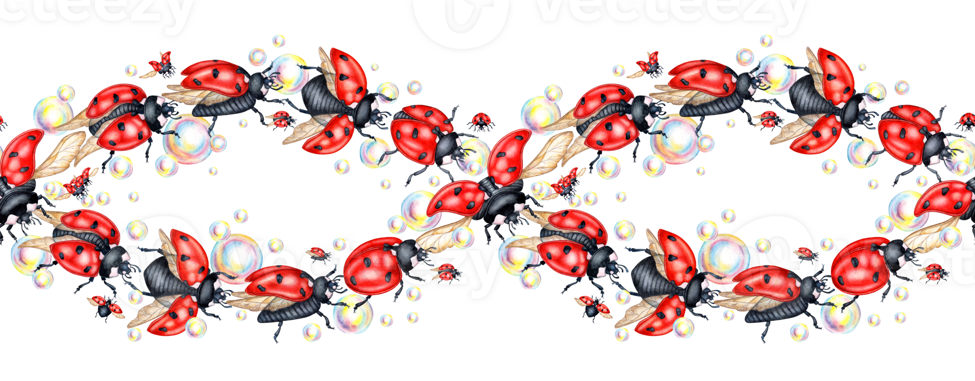 waterverf illustratie horizontaal patroon rood lieveheersbeestjes met zwart dots en zeep bubbels. naadloos golvend bord geïsoleerd. ontwerp voor kaarten, affiches, spandoeken, Gefeliciteerd, afdrukken. png