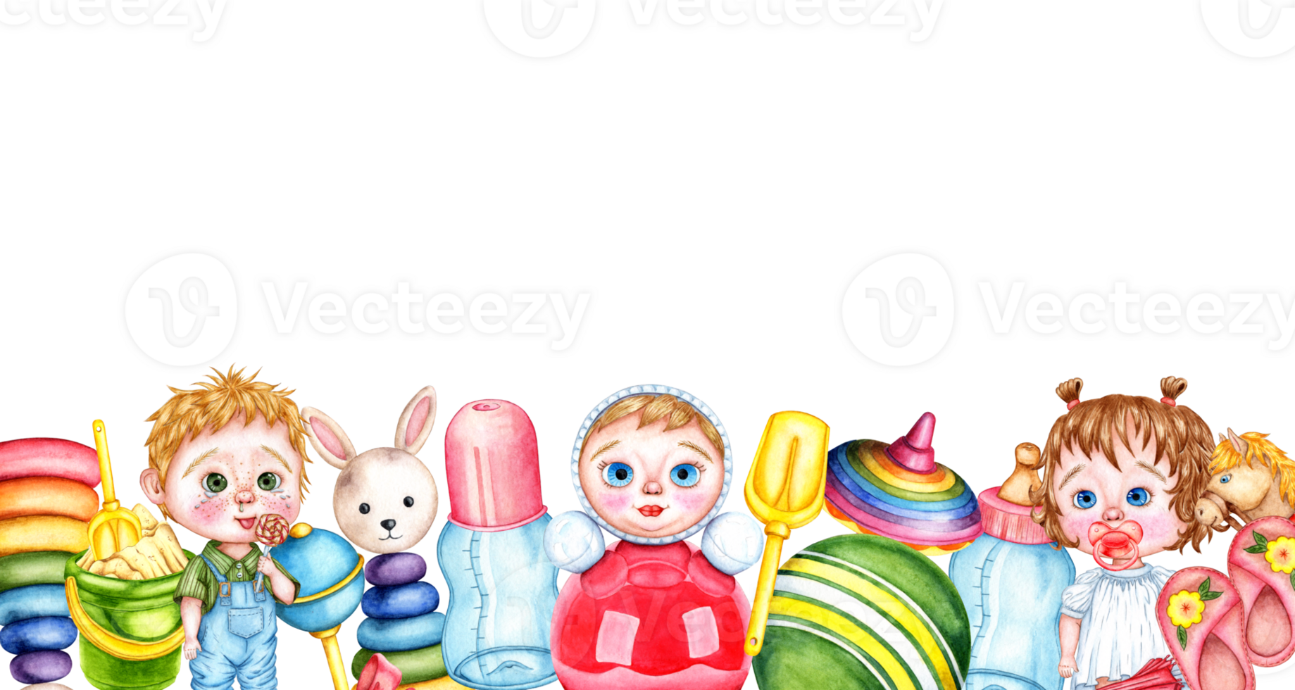 vattenfärg illustration av barns leksaker ram Nedan. isolerat. mönster för tyg textil- bebis kläder, tapet, omslag papper, förpackning, design, inbjudan, kort, klistermärke png